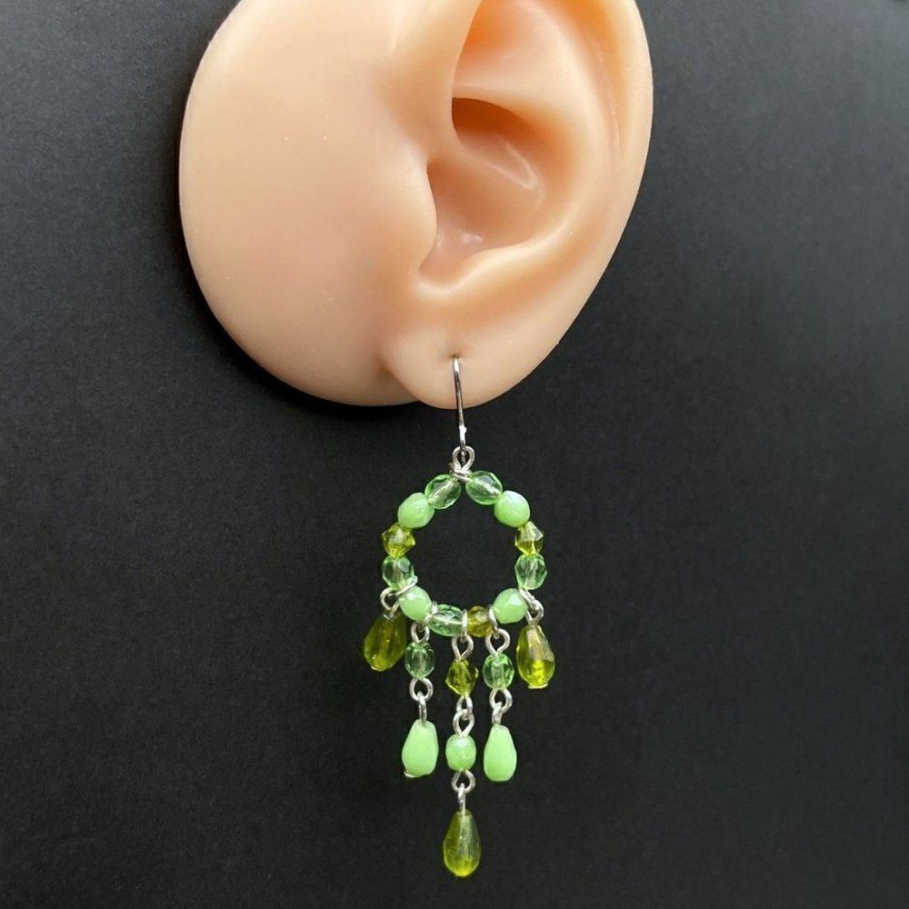 Silver with Emerald and Mint Green Crystal Beaded Dangling Drop Hook Earrings - Picture 7 of 8